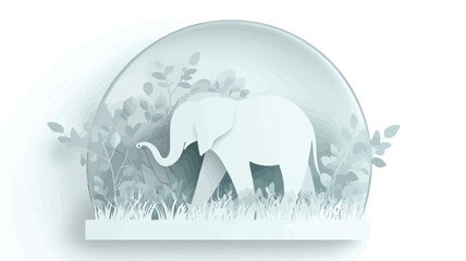 Digital illustration of a stylized elephant depicted in a monochromatic white paper cut-out style. The elephant is positioned centrally within a semi-circular frame suggestive of a moon or sun.