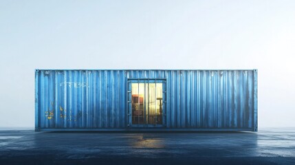 Fototapeta premium Isolated blue metal shipping container with open door in a minimalist modern warehouse facade architecture Copy space for transportation logistics and industrial commerce concepts
