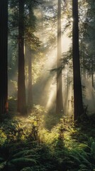 Obraz premium Forest light filters through towering redwood trees.