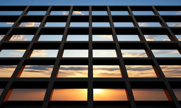 Abstract architectural design featuring a grid structure against a vibrant sunset sky with dramatic clouds reflecting orange and blue hues