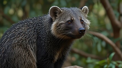 Obraz premium A furry mammal with glossy dark fur and pale ears looks out from foliage, bright eyes gleaming