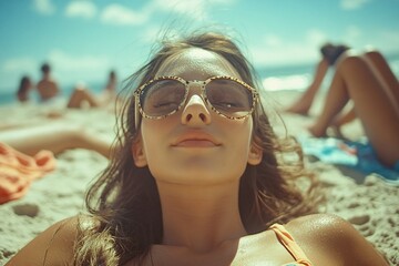 Beautiful woman beach sunglasses summer vacation lifestyle relax leisure sunshine travel concept, western female lying on sandy shore enjoying life, calm holiday mood, freedom, wellness, outdoor recre