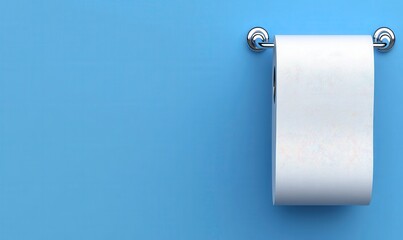 Close-up View of a Single Roll of White Toilet Paper on a Silver Holder Against a Soft Blue Background in a Minimalist Bathroom Setting