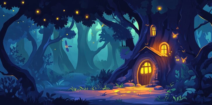 Illuminated treehouse nestled deep inside a mystical moonlit forest