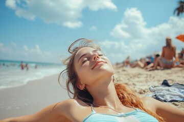 Beautiful woman beach sunglasses summer vacation lifestyle relax leisure sunshine travel concept, western female lying on sandy shore enjoying life, calm holiday mood, freedom, wellness, outdoor recre