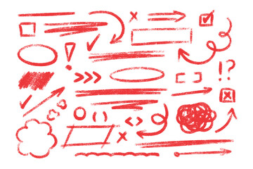 Red chalk hand drawn design elements - sketchy arrows, lines, circles, brushstrokes. Freehand doodle shapes with pencil or crayon textures for highlighting and emphasis. Rough underlines and borders.
