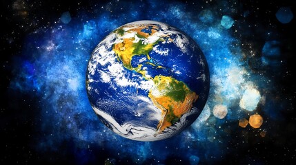 Naklejka premium Stunning Earth Planet Image Showing North and South America Against a Cosmic Galaxy Background