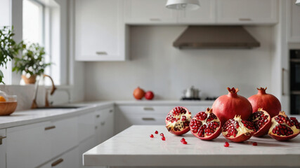 Ripe pomegranates on a white table in a bright kitchen