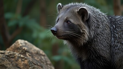 Naklejka premium An inquisitive raccoon dog gazes to the right in a forest, with wet fur and soft background