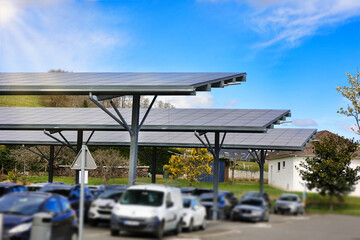 Obraz premium Panneau solaire sur une toiture de parking d'un centre commercial, équipement panneau solaire