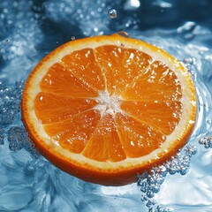 Fresh Orange Slice with Water Splash in Bright Blue Background