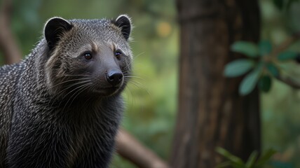 Obraz premium A gentle civet in the jungle, captured in a soft, blurred background