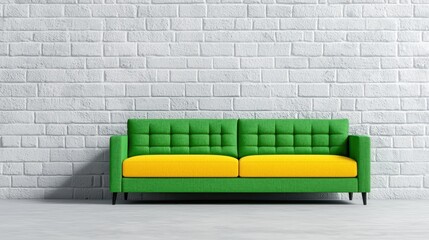Modern Green Couch with Yellow Cushion Against White Brick Wall