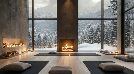 Fototapeta premium Serene Winter Yoga Studio with Fireplace and Snowy Mountain Views