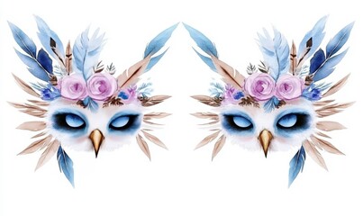 Elegant watercolor owl masks adorned with flowers, feathers, and lush greenery, perfect for art, decoration, or nature-themed projects and designs.