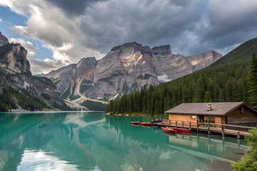 Fototapeta premium Breathtaking Alpine Lake – Crystal Clear Waters, Majestic Mountains, and Rustic Boathouse
