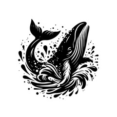 A dramatic silhouette of a whale breaching the surface with a splash effect and water droplets around.