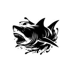 A fierce silhouette of a great white shark swimming with its jaws slightly open and fins flared.