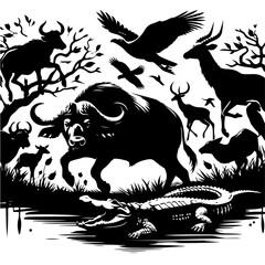 A dramatic wildlife encounter scene illustrated in silhouette — buffalo, crocodile, antelope, and vulture as a composition.
