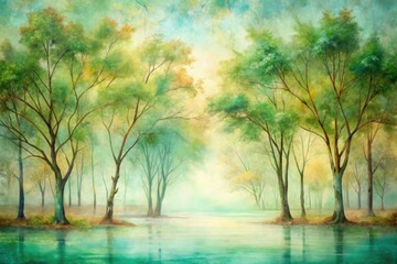 Summer inspired color bleeding effect, nature and landscape, all in soft pastel tones, deep and abstract artistic feeling. Trees & rainforest  Summer forest: Pastel green, turquoise, slight beige br
