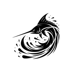 A silhouette of a swordfish slicing through the water with its long sharp snout and dynamic fins