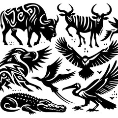 A tribal-style wildlife collection featuring buffalo, antelope, crocodile, and vulture in black silhouettes.