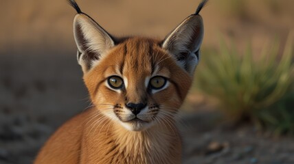 Focused face of a caracal with pointed ears, set against a background in a desert