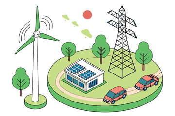 23 Isometric green energy illustration, wind turbines, solar panels, electric vehicles, circular base, clean technology, sustainable power generation, miniature trees, 3D rendering, vibrant colors, wh