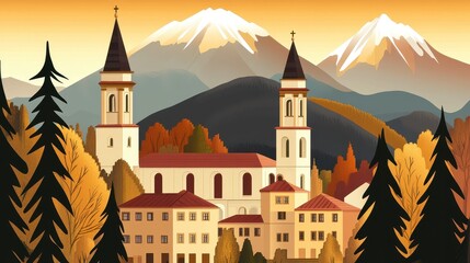 Naklejka premium A serene landscape featuring a church in a mountain town