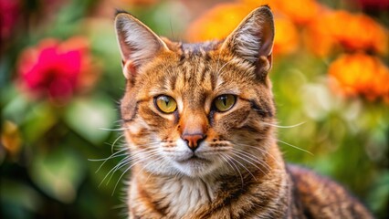 Fototapeta premium A close-up of a striped cat with striking green eyes, surrounded by vibrant, colorful flowers in a natural setting.