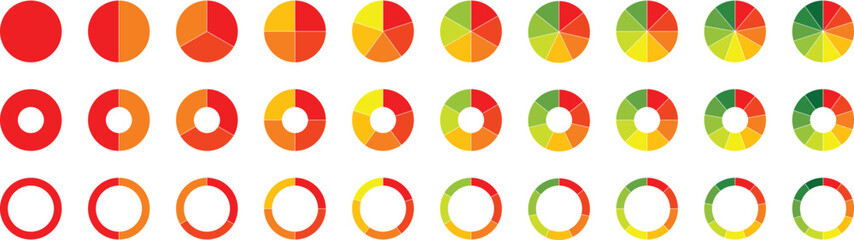 Circle pie chart diagram. Circle section graph. 1,2,3,4,5,6,7,8,9,10,11,12 sections or steps. Colorful Pie chart set. Pie chart circle. Flat process cycle. Progress sectors. vector illustration 