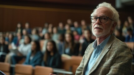 Elderly Professor Addressing a Large Audience in a University Lecture Hall