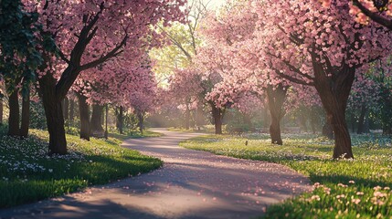 Naklejka premium a path in a park lined with cherry blossom trees 