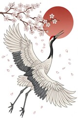 Fototapeta premium Elegantly designed illustration of a crane soaring beneath cherry blossoms with a vibrant red sun in the background showcasing harmony and grace