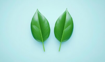 Fototapeta premium Fresh Green Leaves on Soft Blue Background Symbolizing Nature, Growth, and Tranquility Perfect for Eco-Friendly Designs and Wellness Themes