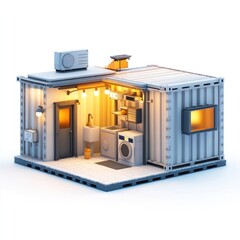 Fototapeta premium Cozy and compact 3D rendered interior of a modern minimalist container home or small apartment with efficient furniture appliances and storage solutions
