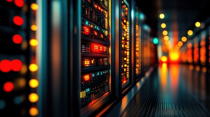 Brightly lit server room with data racks.