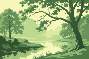 24 Serene watercolor landscape, tranquil pond, lush green foliage, reflective water surface, vibrant emerald trees, peaceful nature scene, soft brushstrokes, misty atmosphere, idyllic woodland, gentle