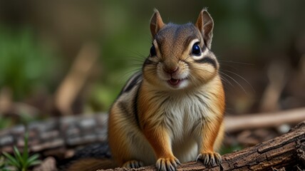Obraz premium Fluffy chipmunk perched on log with stripes and full cheeks, looking directly at the camera