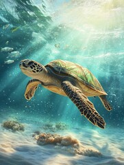 Fototapeta premium Swimming Sea Turtle in Ocean Waters with Light Rays and Fish