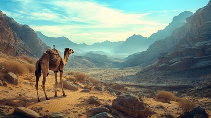 A majestic camel stands watch over the vast expanse of the desert landscape