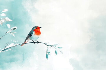 Fototapeta premium Colorful bird perched on a branch against a soft pastel background