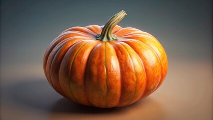 A vivid, plump orange pumpkin with ribbed texture and a green stem, set against a softly lit background.