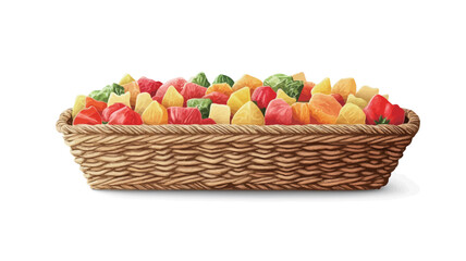 A rectangular, light brown wicker basket filled with an assortment of frozen fruit pieces is presented against a pure white background. The fruit appears to consist of diced strawberries, pineapple