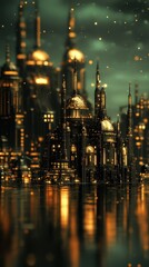 Fototapeta premium A futuristic city glows with golden light at night time