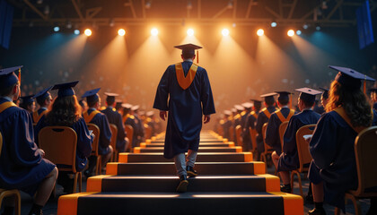 Mature-age graduate walking up stage stairs at graduation ceremony, celebration