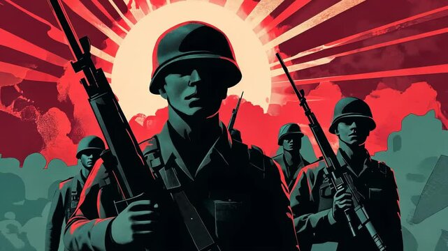 Retro Communist War Propaganda Poster Illustration of Soldier with Hammer and Sickle