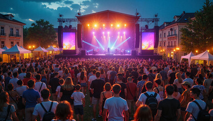 Energetic crowd enjoying summer concert in urban square, celebration