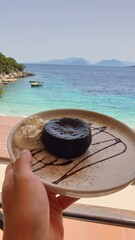 Chocolate Dessert with Sea View on Lefkada, Ionian Islands, Greece
