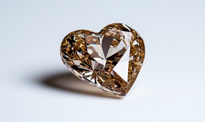 Exquisite Heart-Shaped Brown Diamond Gemstone with Intricate Cut and Sparkling Facets, Beautiful Reflection on Soft Background